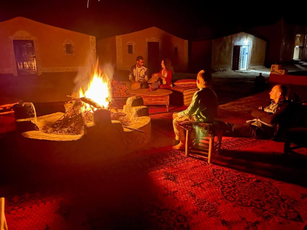 Campfire night at Morocco desert camp